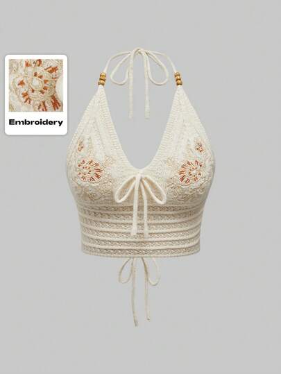 Fairycore Große Größen Besticktes Krawatten-Vorderseite Ärmellos Urlaubs Strick-Top