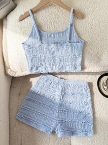SHEIN Tween Girl Casual & Fashionable Intarsia Ruffle Trim Fitted Camisole & Shorts Set, Back To School - Baby Blue - View 4