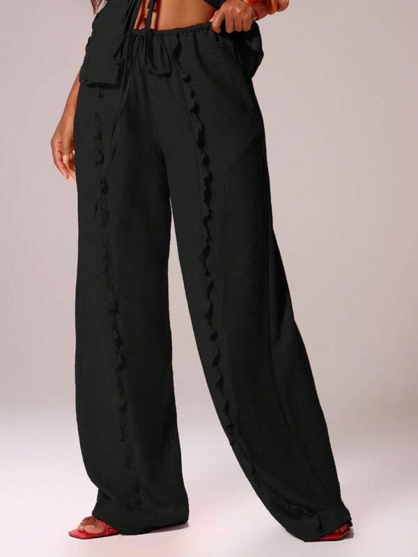 MUSERA Pantaloni sport cu talie înaltă, cu aspect de in, cu volane, cu croială largă, Ibiza, sexy, pentru vacanță, primăvară-vară, festival, îmbrăcăminte de plajă, romantică, elegantă, pentru ziua de naștere, nuntă, invitați la aeroport