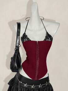 SHEIN ICON Fitted Lace 2 In 1 Halter Neck Women Tank Top Goth Goth - Burgundy - View 3