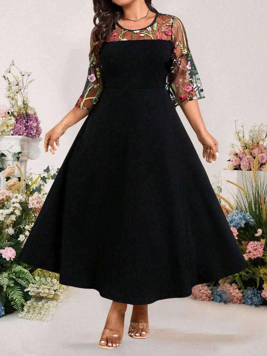 Bellastra Tay áo lưới thêu hoa thanh lịch cỡ lớn dành cho nữ, thích hợp mặc hàng ngày/dự tiệc cưới/hẹn hò/tiệc tùng/công tác/nghỉ dưỡng - màu đen - Xem 1