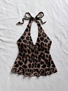 Soleia 女式 V 领蝴蝶结装饰露背娃娃装上衣，休闲度假装，豹纹，适合夏季 - 彩色 - 查看 3