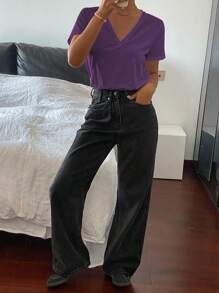 DAZY Camiseta holgada de mujer de unicolor con cuello en V profundo, top de verano morado, top de mujer con cuello en V morado, top con cuello en V morado, camiseta morada de mujer, blusas lavanda, ropa de vuelta al colegio - Morado - Ver 5