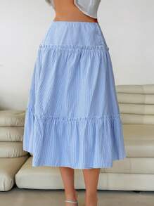 Roylia Women's Striped Ruffled Hem Cotton Skirt, Summer - Blue and White - View 1