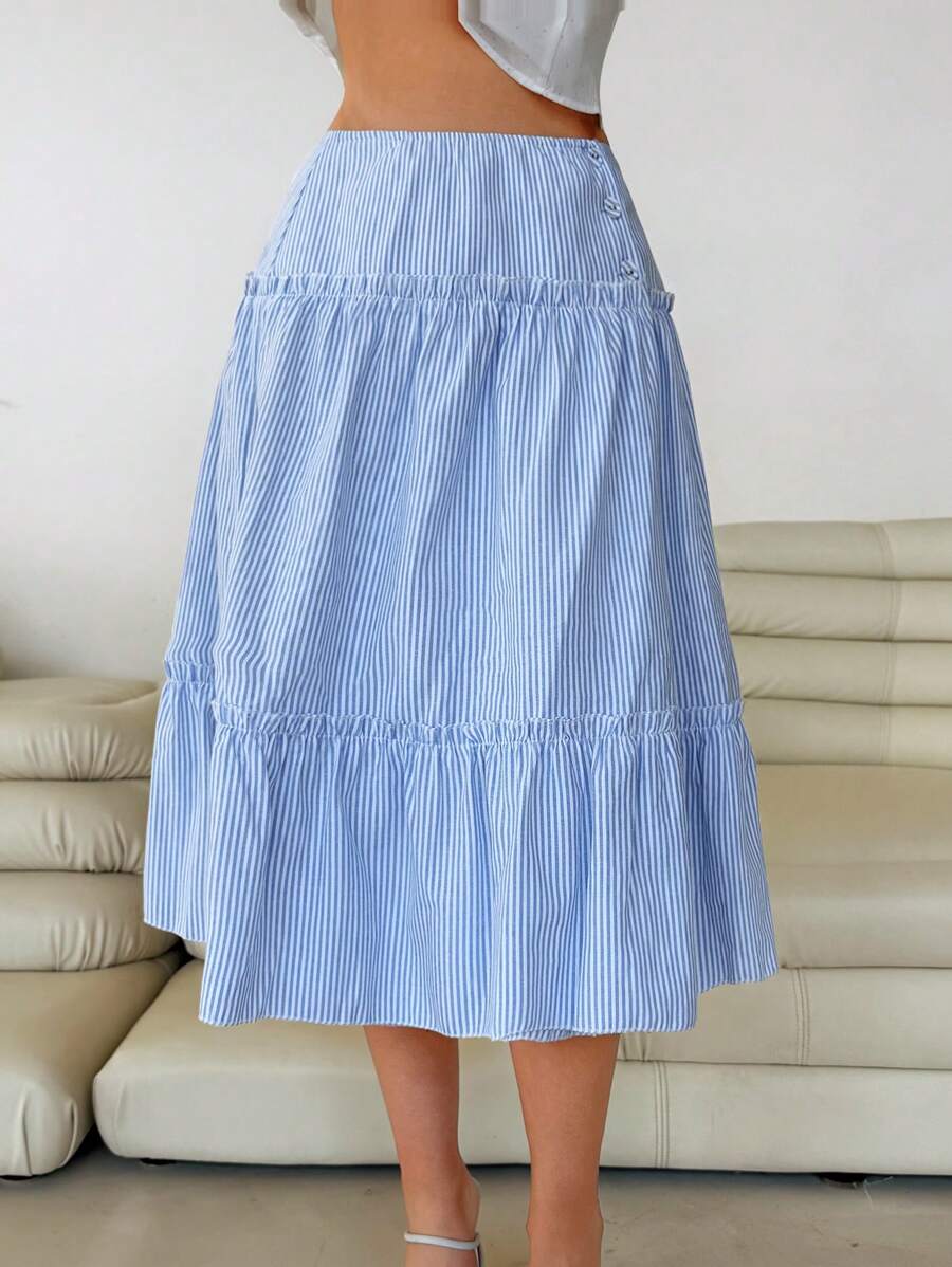 Roylia Women's Striped Ruffled Hem Cotton Skirt, Summer - Blue and White - View 1