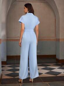 ZEYLAH Spring And Summer Holiday Lace Patchwork Short Sleeve Utility Pocket Shirt Collar Jumpsuit - Baby Blue - View 3