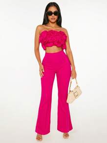 SHEIN SXY 2pcs/Set Women Ruched Strapless Red & Pink Pleated Decor Tube Top And Flared Pants Valentine Outfit - Hot Pink - View 4