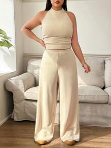 Solflare 2pcs Plus Size Women Apricot Color Sleeveless Top And Solid Color Long Pants Set - Apricot - View 5