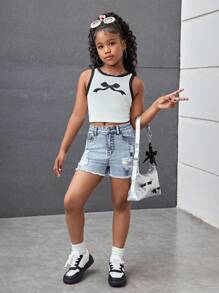 SHEIN Tween Girls Blue Denim Elastic Destroyed Skinny Shorts - Light Wash - View 5