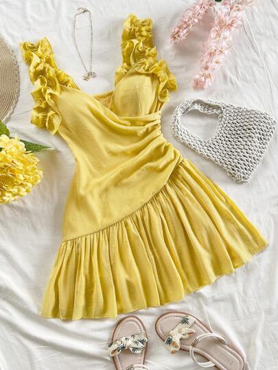 Soleia Women's Romantic Vacation Floral Ruffled V-Neck Bodycon Yellow Mini Dress With Waisted Ruched Detail, Suitable For Party, Date, Afternoon Tea, Beach, Wedding, Graduation Summer Dresses For Women