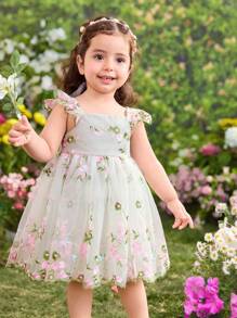 Baby Girl Woven Embroidered Mesh Square Collar Puff Sleeve Dress - Multicolor - View 1