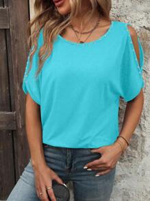 EMERY ROSE 纯色镂空休闲圆领短袖T恤，夏季