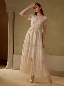 MOTF PREMIUM CONTRAST LACE APPLIQUES DRESS - Apricot - View 5