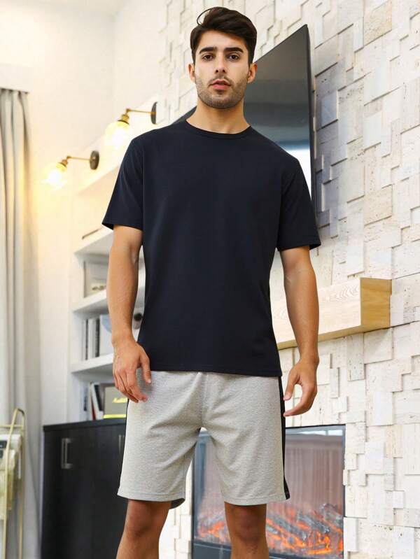 RueChic Herren Baumwoll-Kontrast-Gestreift Regular Kurzarm Hausanzug Set