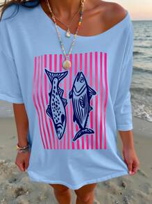 INAWLY Asymmetric Asymmetrical Neck T-Shirt, Vintage Sardine Fish T-Shirt, Seafood Holiday Retro Pattern Blouse, Aesthetic Shirt, 90s Style