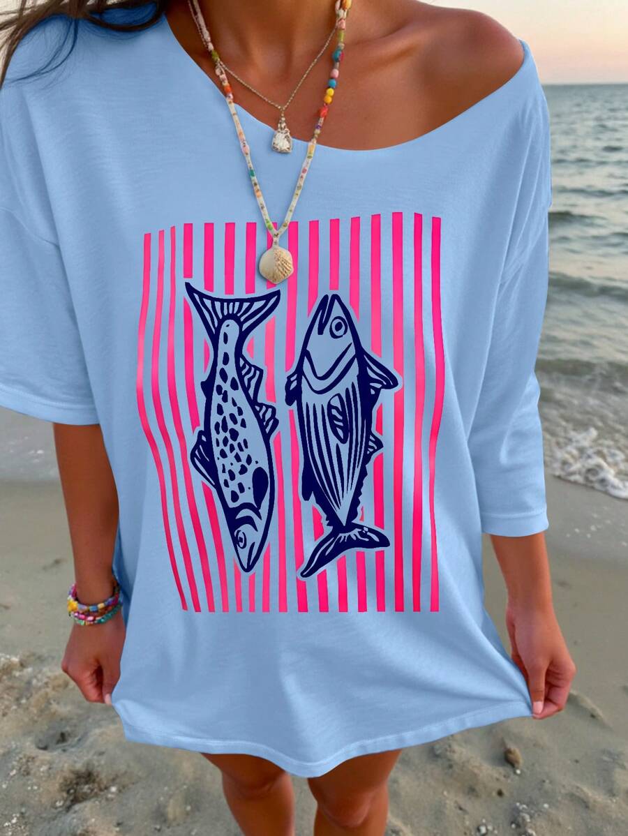 INAWLY Asymmetric Asymmetrical Neck T-Shirt, Vintage Sardine Fish T-Shirt, Seafood Holiday Retro Pattern Blouse, Aesthetic Shirt, 90s Style