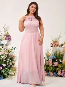 Cravure 大码女式露背、无袖、收腰、飘逸蕾丝设计长裙，优雅奢华，适合夏季 - 粉色 - 查看 3