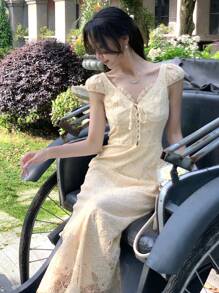 DAZY Lace V-Neck Tie Front Mid-Length Dress For Women Maxi Dress Vacation Outfits Women - Beige - View 5