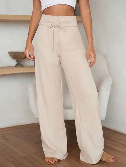 SHEIN Tall High-Waisted Linen Blend Tie-Front Pants, Self-Tie Waist Belt Detail, Summer Collection, Relaxed Fit Design, Casual Elegance Series, Resort Wear Style, Fashion Line, Breathable Natural Fabric Trousers Women Wide Leg Pants Tie Waist Pants