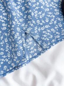 SHEIN 少女蓝色度假迷你连衣裙，白色波尔卡圆点，泡泡袖，A 字形，侧开衩，夏季连衣裙，柔和色调连衣裙 - 藍白色 - 查看 5