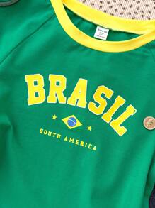 Teen Girl Green & Yellow Contrasting Colors Knit Summer Short Sleeve Casual Versatile Personalized T-Shirt With Letter Print And Round Neckline, Back To School - Green - View 7