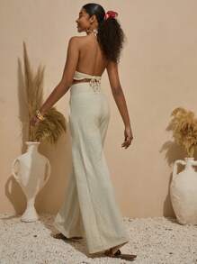 SHEIN Solid Color Pleated Casual Vacation Pants - Beige - View 7