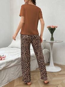 Conjunto de pijama de manga corta con estampado de leopardo y lazos para mujer - Multicolor - Ver 2