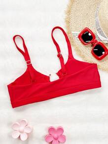SHEIN Swim Sexy Solid Color Hollow Out Metal Decor Swimwear Top, Suitable For Beach Holiday For Summer Beach Vacation - Red - View 2