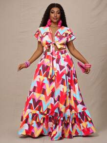 Slaydiva Women Plus Size Red Sequin Summer Boho Vacation Holiday Geometric Print Tie-Bow Flounced Sleeve Top & High Waist A-Line Split Hem Skirt Set - Multicolor - View 4