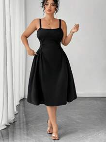 Auvina 大码女式纯色优雅低领细肩带连衣裙 - 黑色 - 查看 4