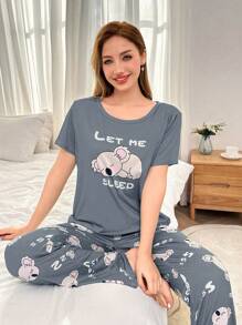 2pcs Cute Koala Print Short Sleeve Pajama Set  Cozy And Elegant Details - Multicolor - View 3