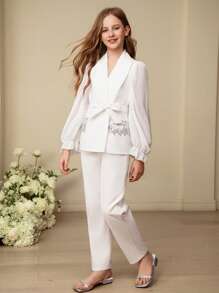 SHEIN Tween Girls Ramadan Special Elegant Beaded Tassel Decor Puff Sleeve Tie Front Blazer & Pants Set, Suitable For Daily Street Wear And Festivals, Spring & Autumn - White - View 1