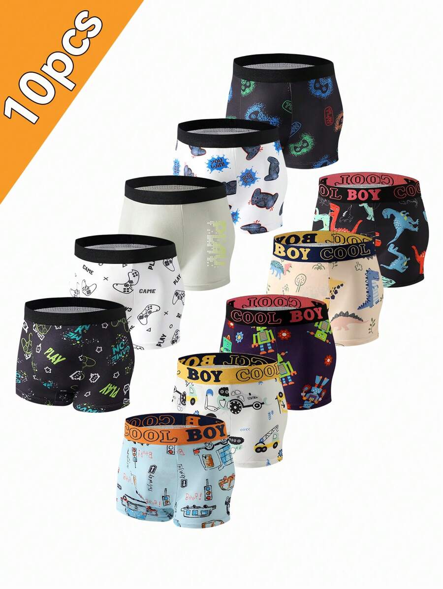 10pcs/Pack Boys' Cartoon Print Briefs, Little Boy Video Game, Football, Rugby Print Boxer Shorts - Multicolor - View 1