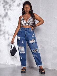 SHEIN SXY Plus Size Minimalist Solid Color Distressed High Waist Jeans, Suitable For Everyday Wear