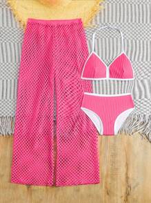 SHEIN 3pcs Tween Girls Frilled Halter Neck Bikini Set, Summer Beach Swimsuit - Pink - View 4