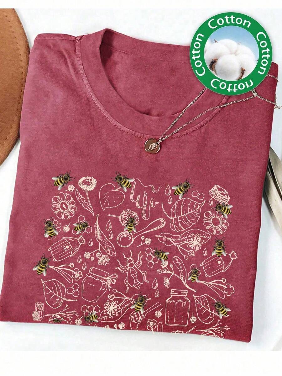 Women's Summer Cotton Patterned Printed Short Sleeve T-Shirt - Redwood - View 1
