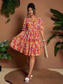 Flirla Váy đi biển mini cổ vuông tay bồng mùa xuân/hè cỡ lớn cho nữ có họa tiết hoa nhỏ cổ điển - Nhiều màu - Xem 5