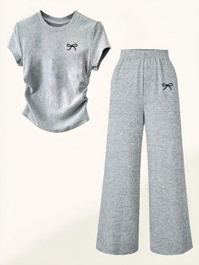 2pcs Girls Teens Versatile Bow Decor Short Sleeve Top And Pants Set