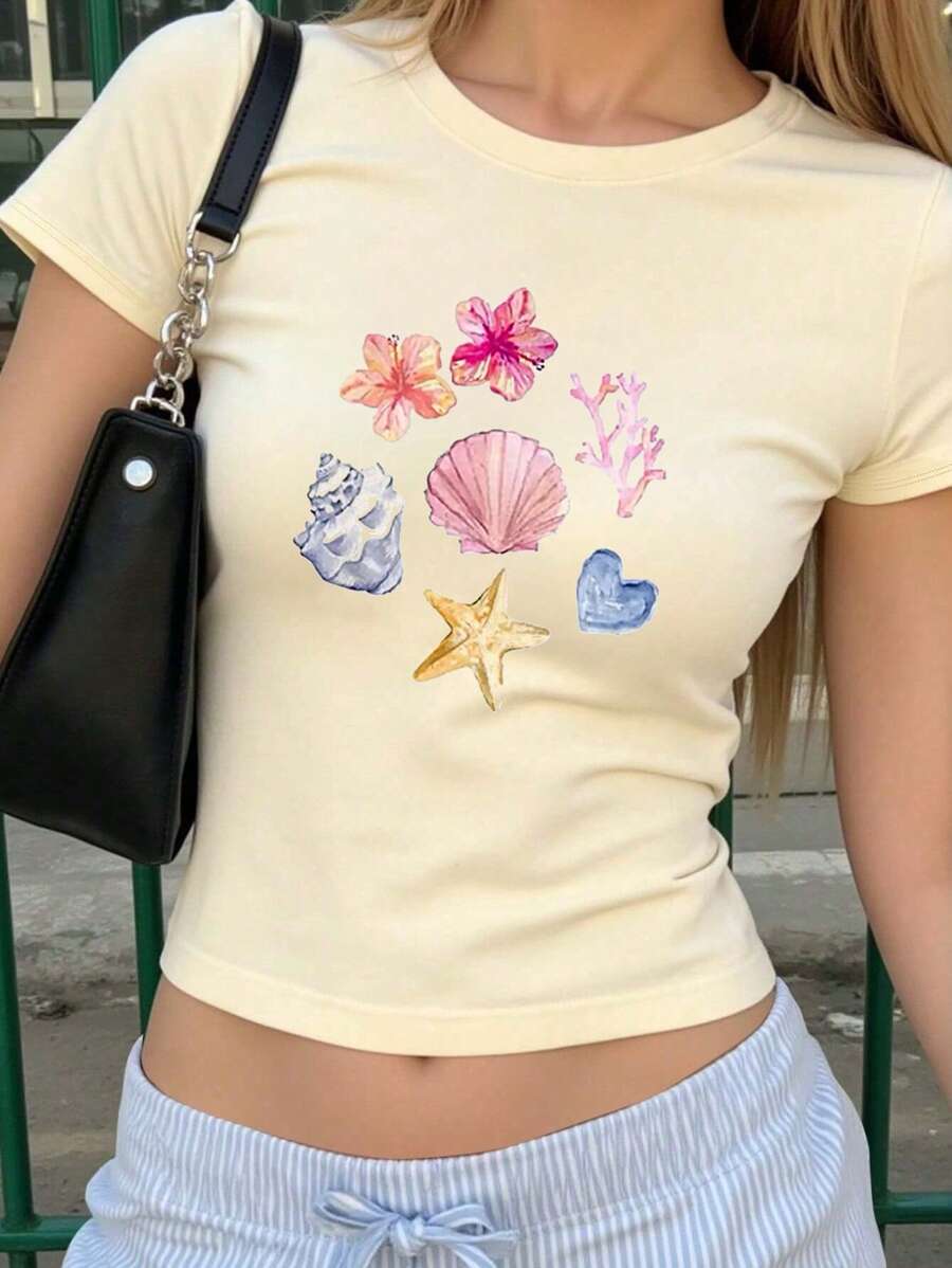 SHEIN 青少年女孩海星印花圆领短袖休闲T恤，适合夏季