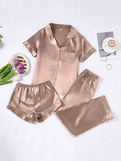 LuxeNights 3 PiecesWomen's Contrast Trim Solid Color Faux Silk Collar Pajama Set view 3