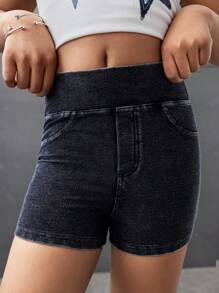 SHEIN Shorts de mezclilla elásticos y ajustados de estilo callejero y de moda Y2K, cómodos para niñas preadolescentes, para disfraces, uso diario, deportes, verano y primavera - Azul lavado oscuro - Ver 6