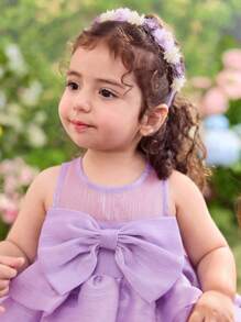 Baby Girl Woven Solid Color 3D Bow Decor Sleeveless Dress - Purple - View 3