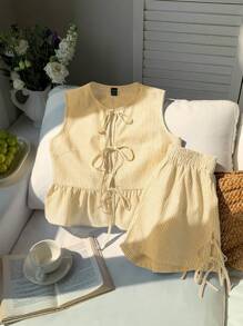 Comfortcana Women's Yellow Striped Woven Casual Outfit, Summer - Yellow - View 4