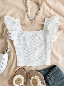 SHEIN 青少年女孩休闲度假家居拼布刺绣蕾丝边纹理针织修身短款 T 恤，白色 - 白色 - 查看 2