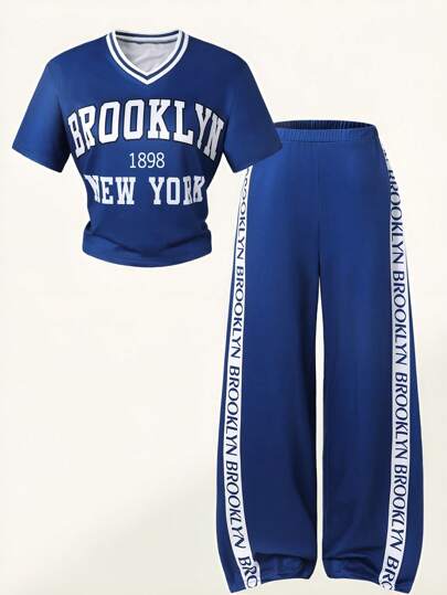 SHEIN Casuvi Kids Teen Girl V-Neck Short Sleeve Top And Pants 2 Pieces Set, Minimalist And Fashionable, Suitable For Summer