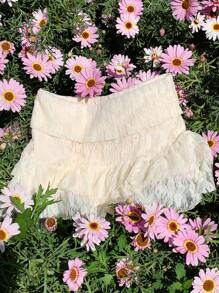 Comfortcana Váy mini ren viền bèo nhún màu trơn ngọt ngào Y2K dành cho nữ, phong cách Bohemian mùa hè cho kỳ nghỉ - Màu be - Xem 5