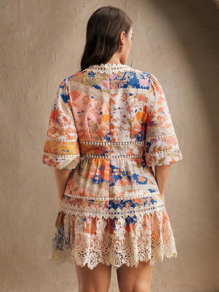 Plus Size Women Elegant V-Neck Lantern Sleeve Floral Print Patchwork Ruffled Hem Belted Midi Dress, Suitable For Spring Summer Festival Graduation