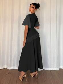 Elenzga New Women Textured Woven Fabric Round Neck Chiffon Patchwork Ruffle Sleeve Fitted Waist Elegant Slimming Long Dress For Dates - Black - View 6