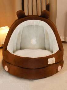 PETSIN 1 件可爱棕色卡通熊耳朵设计宠物猫/小型犬床，舒适安全，适合所有季节，适合猫和小型/中型犬，可清洗且耐用，非常适合家庭/卧室，必备宠物用品