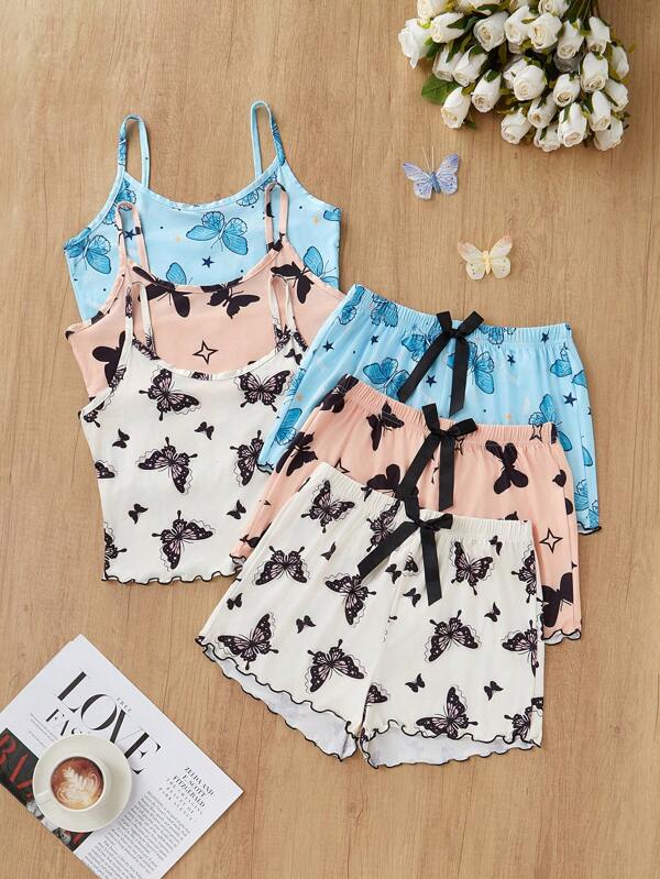 Snug Zone Set de 3 piezas de pijama informal con estampado de mariposas, que incluye camiseta de tirantes y pantalón corto, multicolor